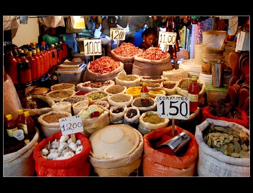 Spices and dried shrimp for sale at the Feira de São Joaquim in Salvador. via 